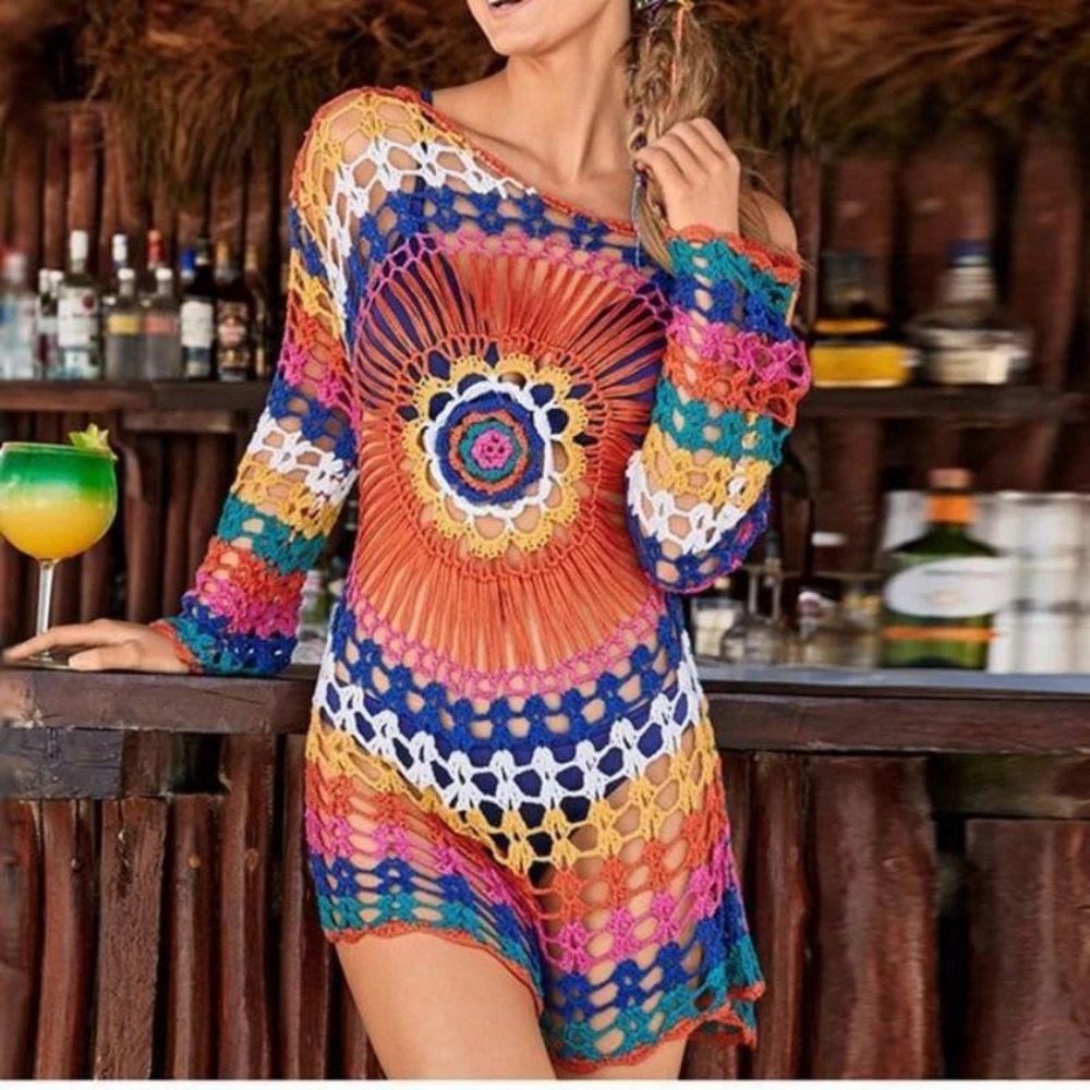 Crochet Tunic Mandala Sunburst Boho Festival Rainbow Knit Artisanal Beach Kaftan - Picture 3 of 9